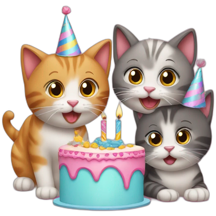 two cats with two kittens at a birthday party emoji