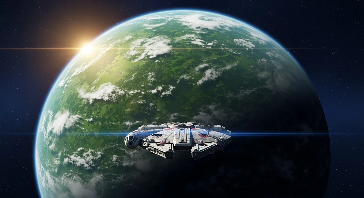 cinematic still, establishing shot, entire globe green planet, single starship coming to planet, inspired by StarWars movie, captured by arri alexa  emoji