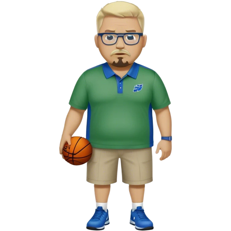 Full Body white male plus size wearing glasses with a goatee with light blonde and gray very short hair mad basketball head Coach in blue and green wearing Nike polo emoji