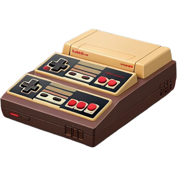 Clash of Clans aesthetic: Cinematic Playful NES Console Portrait Emoji, rendered in a 3D vector-style similar to standard emojis with minimal shading and bold, simplified shapes. A compact, distinct form with signature details, softly glowing with a nostalgic gaming charm. Simplified yet unmistakably iconic, highly detailed and consistent, glowing with a soft radiance and high shine. Stylized with a touch of retro gaming magic and a soft glowing outline, capturing the essence of a beloved gaming relic with a friendly, playful manner! emoji