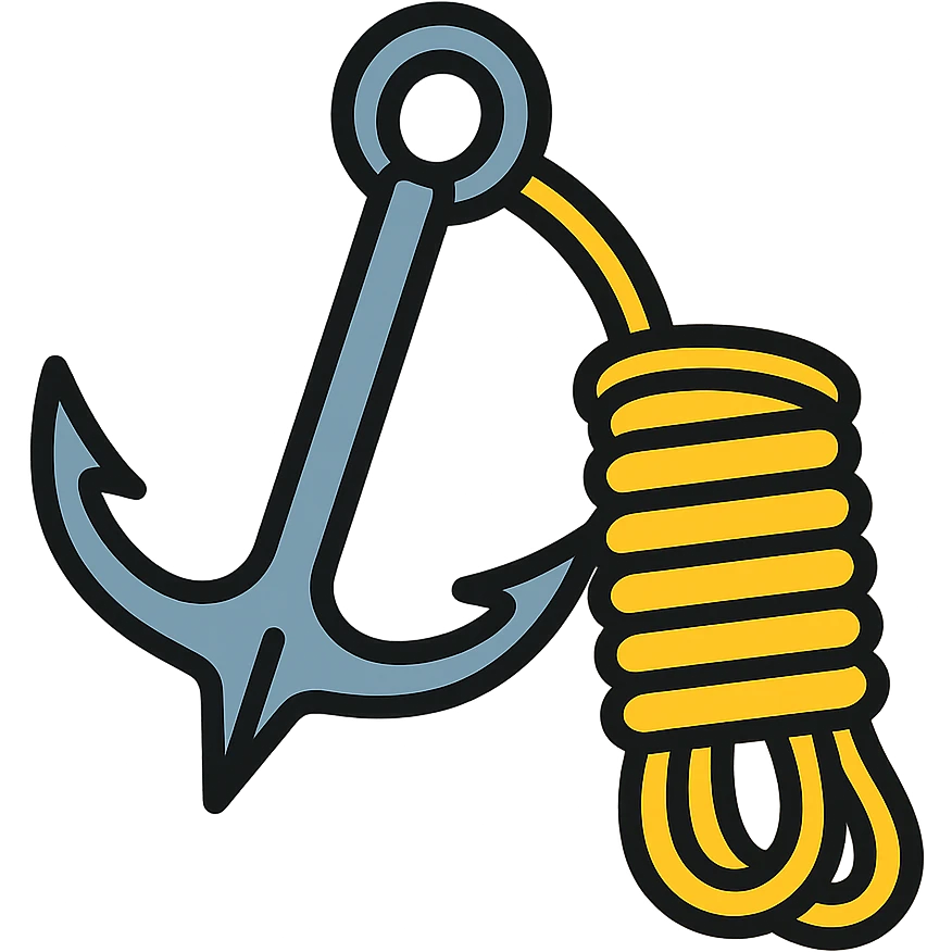 a grappling hook, metallic, coiled rope, dynamic angle, color outline icon style emoji