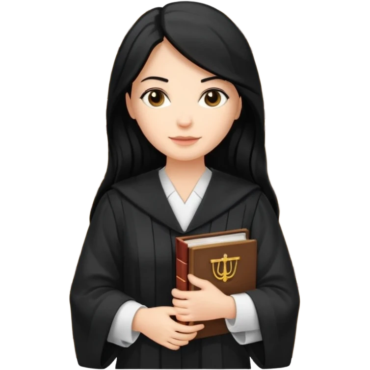 white-women-with-long-black -hair-lawyer-in-lawyer’s-robe. Have law book in hand with bookshelf full of law books in the background. emoji