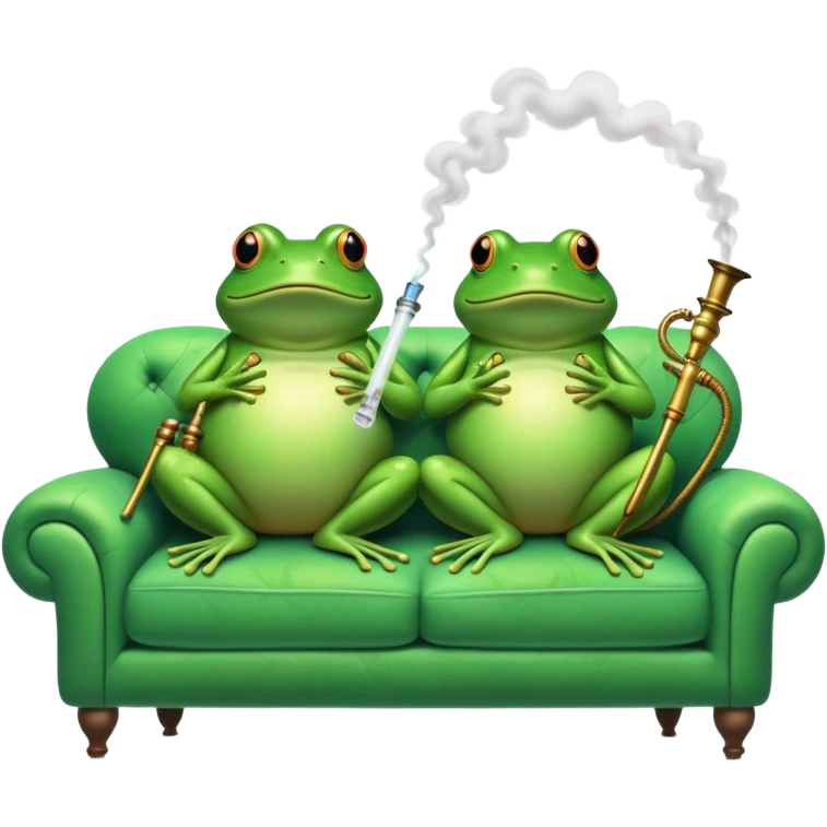 an image in the style of Studio Ghibli where two frogs are lying belly-up on a couch and smoking a hookah emoji