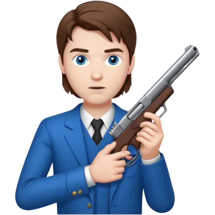 guy w medium long brown hair and blue eyes shooting himself emoji