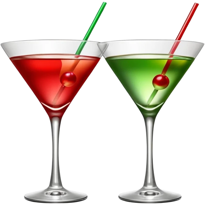 two realistic glasses of cocktail in emoji style, one is red color and one is green, martini glass shape, no straw, no fruit, no ice, no Cocktail sticks emoji