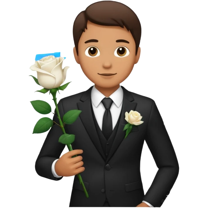 A man in a formal suit holding a white rose emoji