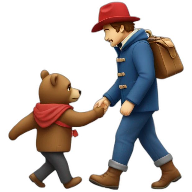 a developer walking away with paddington bear after finishing a ticket emoji