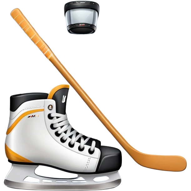 Please, make An icon featuring close-up shots of key hockey equipment: a hockey stick, puck, and skates. The background shows a packed stadium with cheering fans, bright arena lights, and an icy rink. Transparent background highlights the essentials of the game and the thrill of the sport. emoji