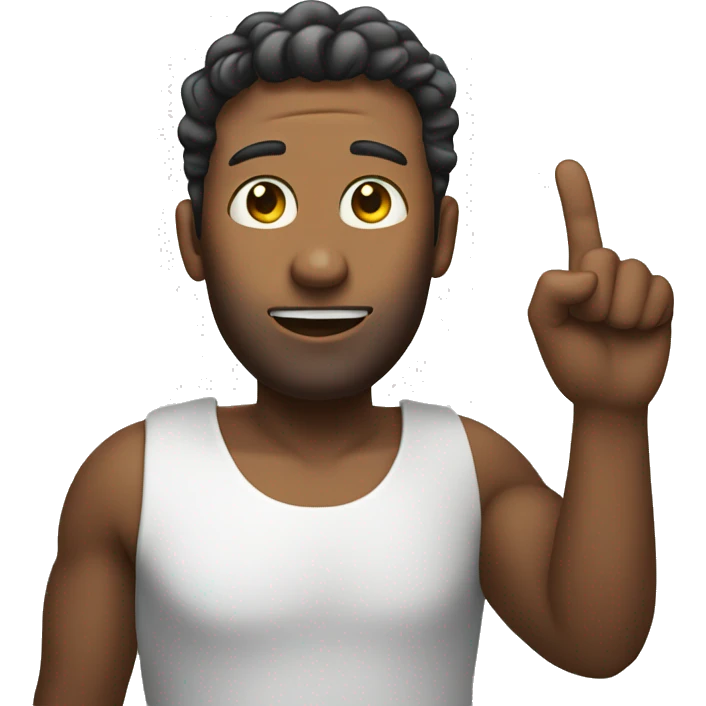 Man in bathroom holding one finger up emoji