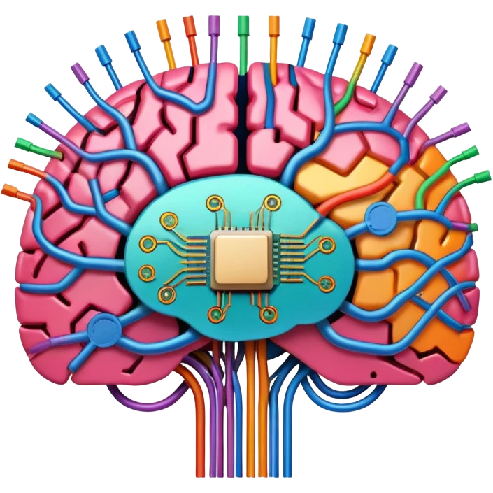 A digital brain with CPU circuitry and colorful neural connections emoji
