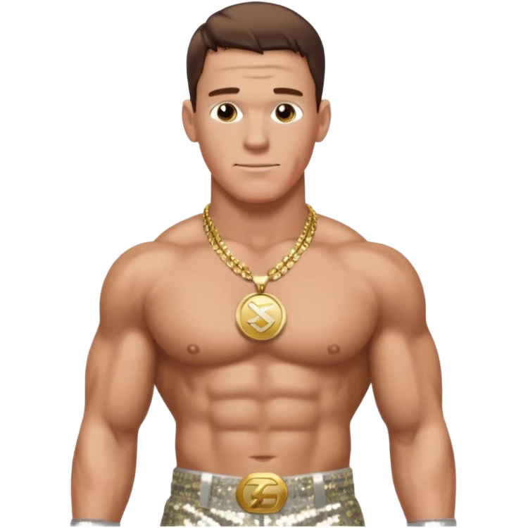 John Cena with silver sequin baggy pants, shirtless with necklace, brown hair emoji