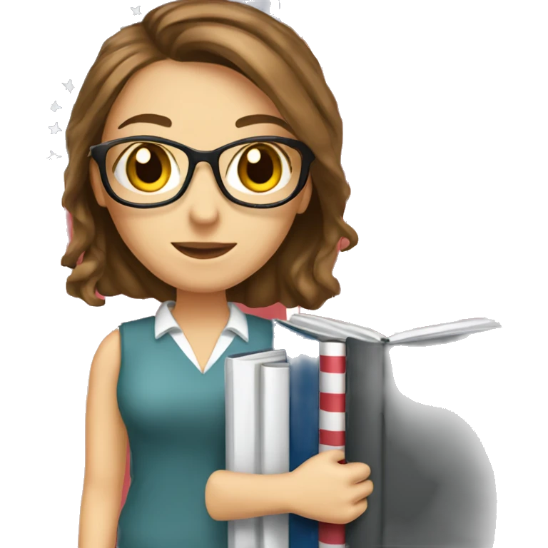 English teacher female with brown hair and brown eyes. with English and American book with usa flags emoji