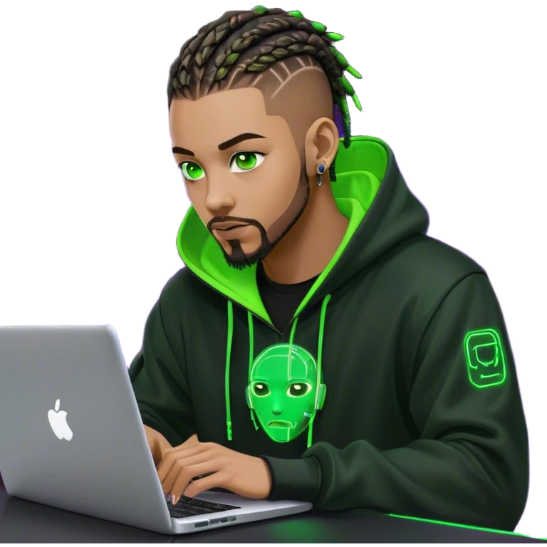 Light skinned African American male with green eyes as a cyberpunk hacker with cornrows hairstyle but short cornrows  with goatee facial hair  coding on laptop  emoji