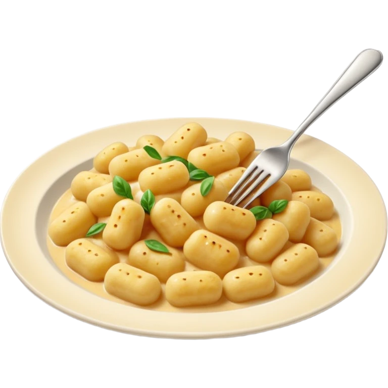 Gnocchi Cinematic Realistic Gnocchi Dish Emoji, depicted as tender oblong potato gnocchi garnished with iconic fork marks on top, rendered with soft textures and warm, inviting lighting. emoji