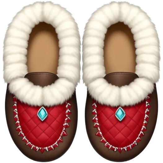 dark brown moccasins with red stiched diamond pattern design and fluffy fur emoji