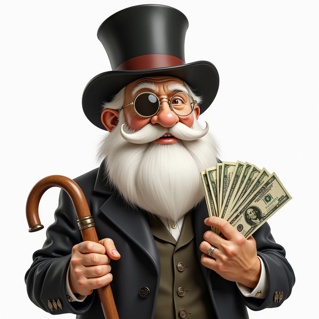 old white man with a top hat, monocle in left eye, holding stacks of money in right hand and a wooden cane in left hand, clear detailed style emoji