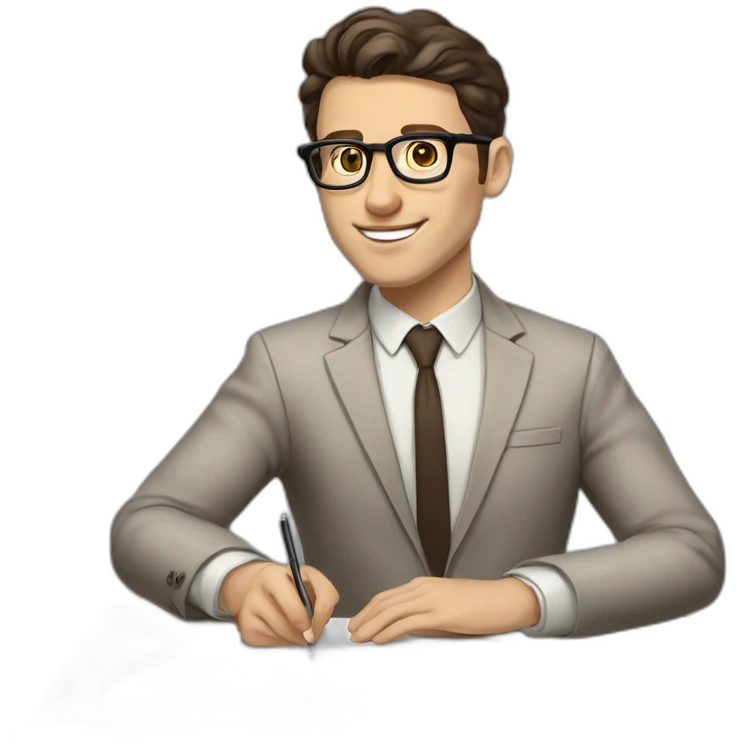 Pale skinned fit man with dark brown hair in gray jacket, beige office shirt, brown tie, brown pants and vintage glasses Writing on the tablet emoji