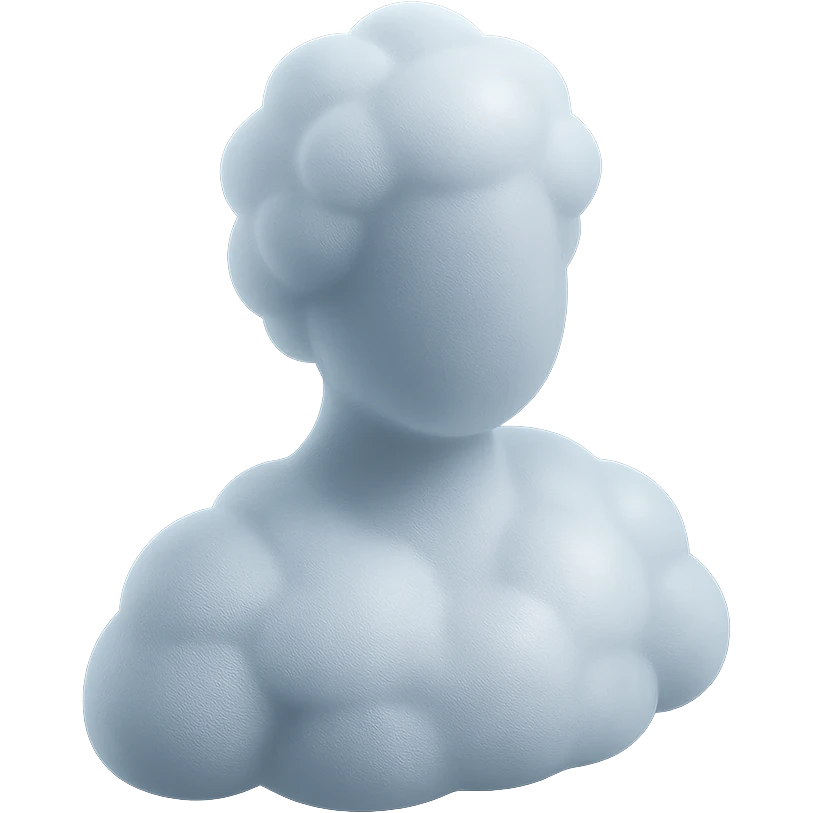 person made entirely of white fluffy convex clouds, shoulder up, front view, matte glass style emoji