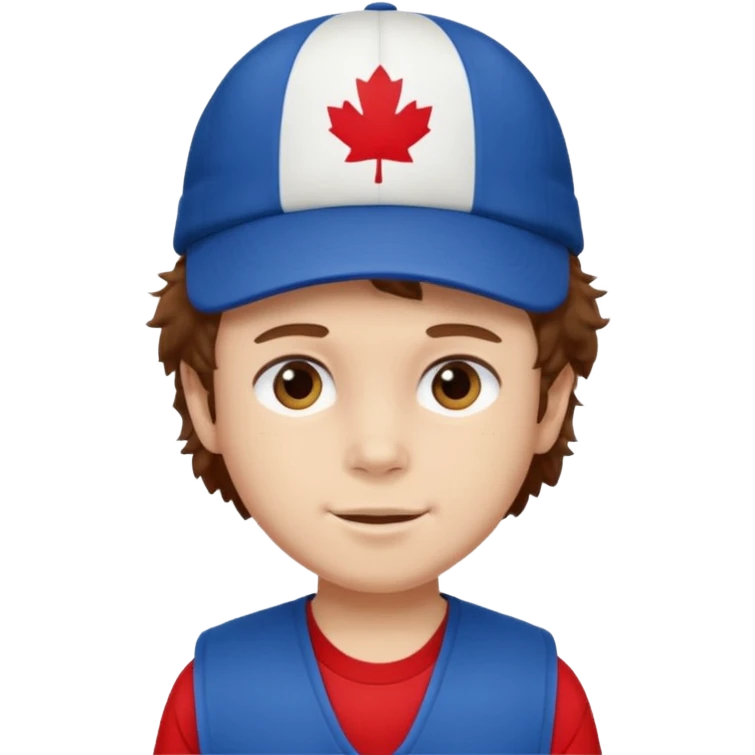 brown fluffy hair kid with blue and white cap dark blue jilet red t shirt emoji