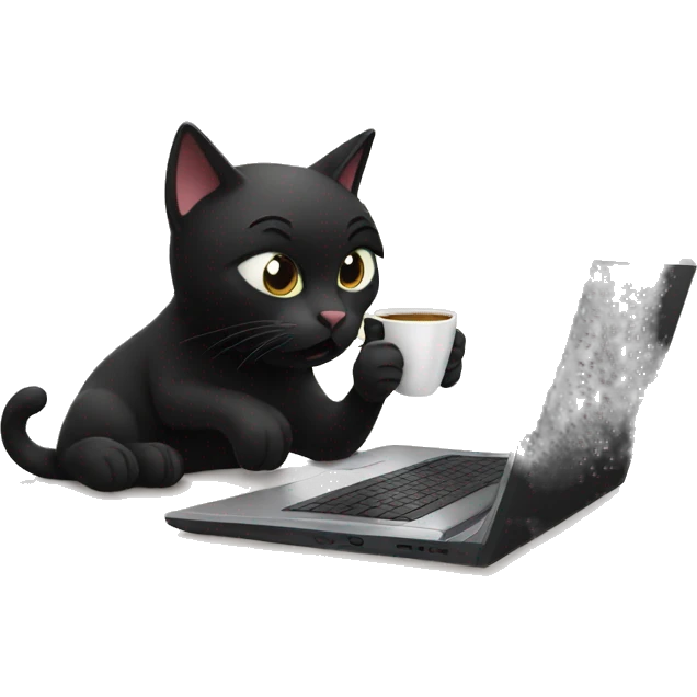 black cat confusing on the computer and drinking coffee emoji