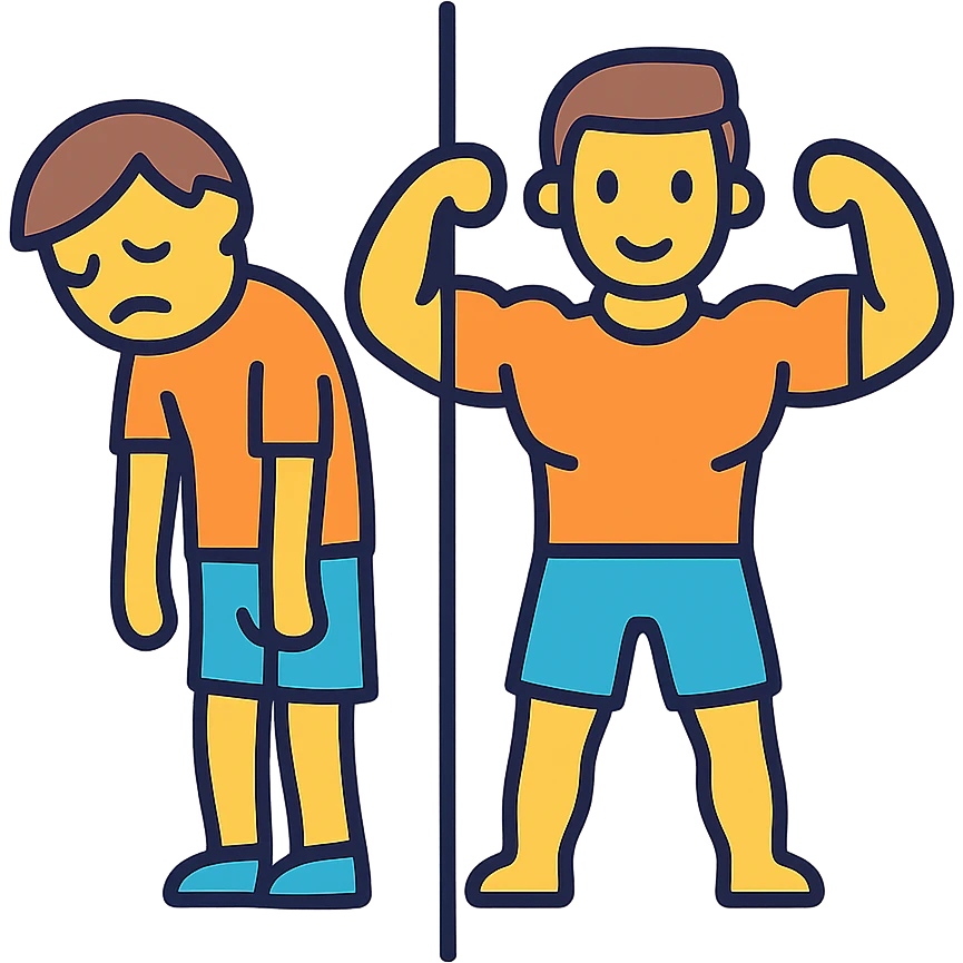 in the picture is devided in to two parts, at the first the sportsman is weak and lazy, but at the second picture the same sportsman is very strong because he doing a workout regularly emoji