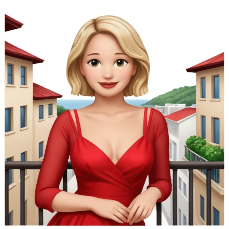 jennifer lawrence, red dress leaning on a balcony with a harbor and cityscape in the background, smiling emoji