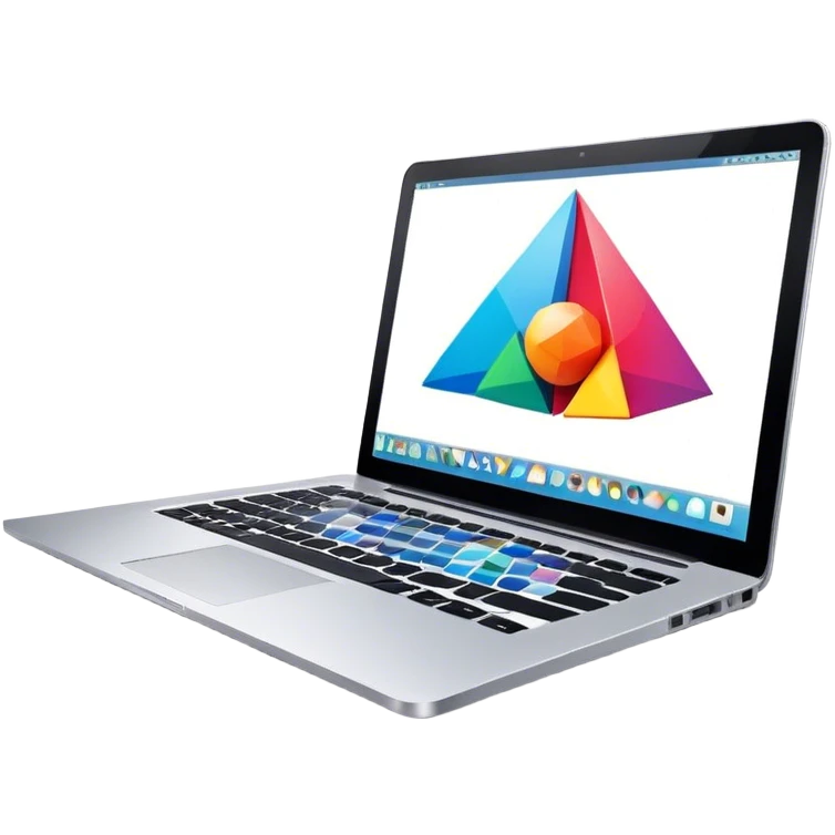 Professional icon for Graphic Design: a laptop with Photoshop open on the screen, displaying geometric shapes like spheres, cubes, and pyramids, along with a stylus. The icon should reflect the creative process in graphic design. Transparent background. emoji
