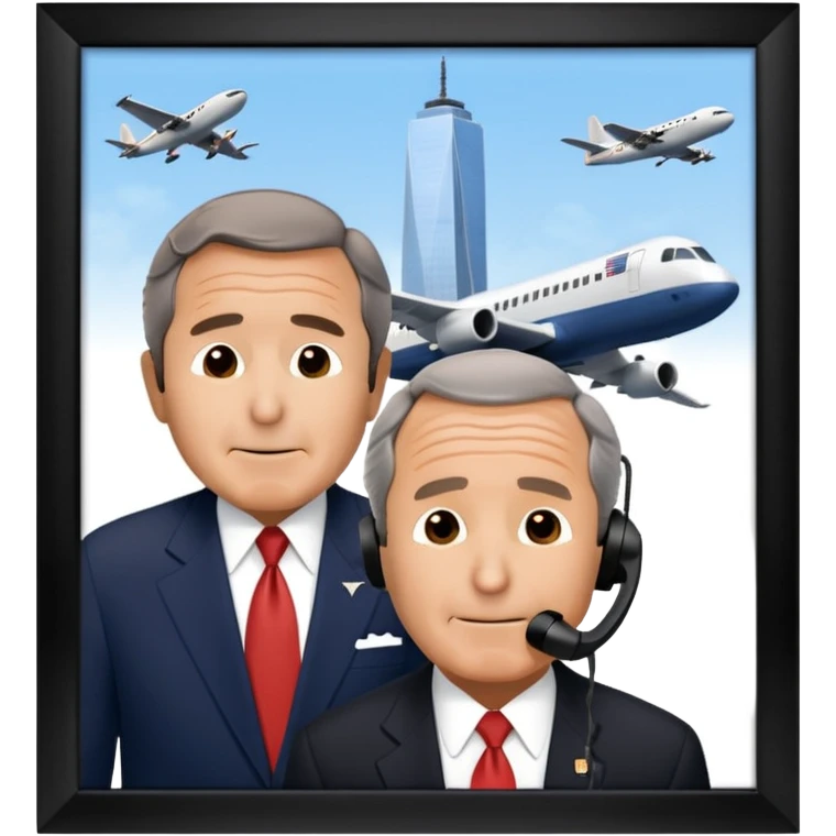  emoji of the world trade center with a plane crashed into it and george bush on a phone in front of them emoji