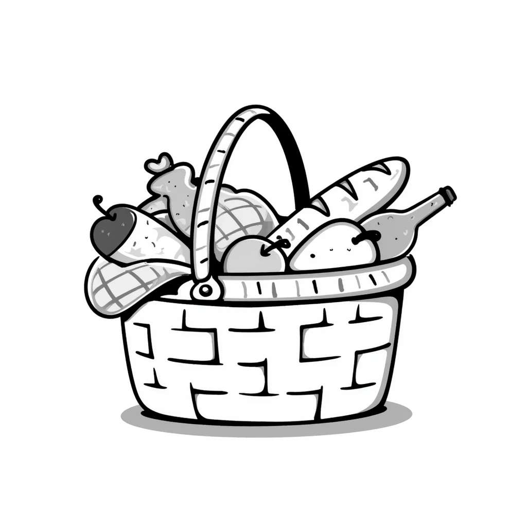 A wicker picnic basket with handle and contents like food items in pastel colors (dd9fb0, ffc6d3, a3bfc9, c4bee2, f1b091), hand-drawn doodle style emoji