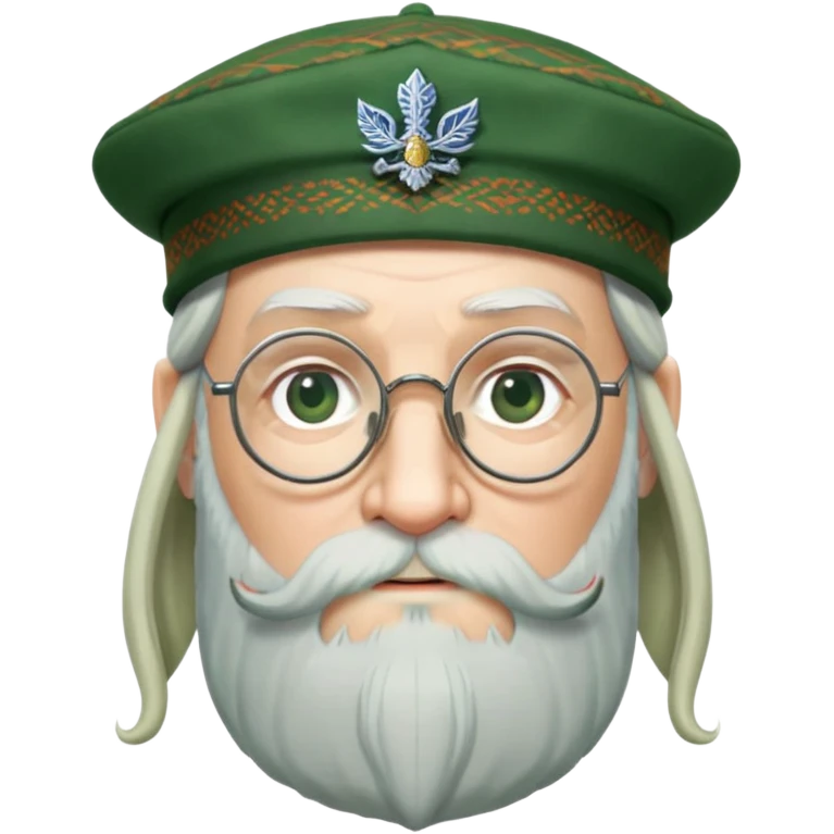 Dumbledore wear green scotland Tam o'shanter cap with decorative patterns, wear glasses, very long beard emoji