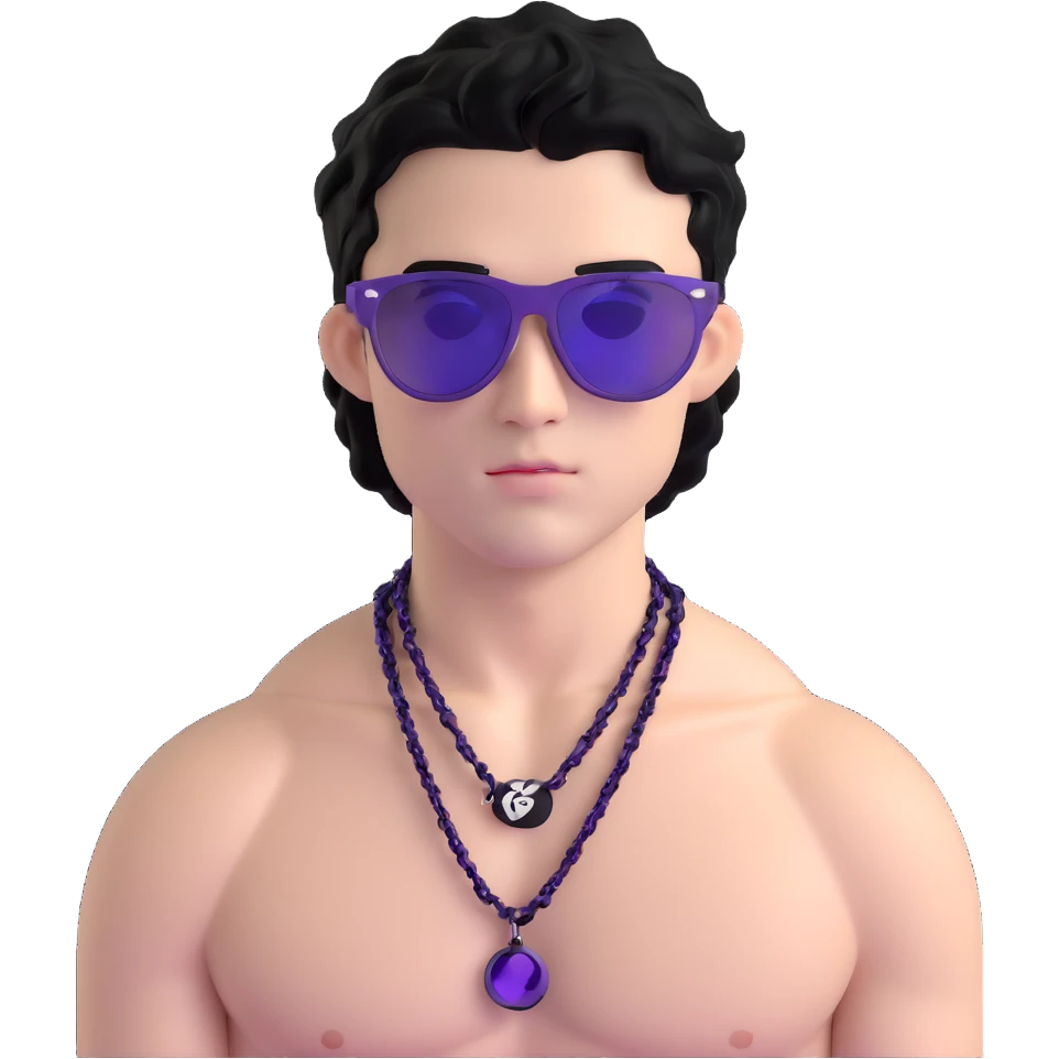 shirtless male athlete with white skin and moderately curly black hair on top with shaved sides, wearing purple sunglasses with very dark heavily tinted black lenses that completely hide the eyes, and a plain black chain necklace emoji