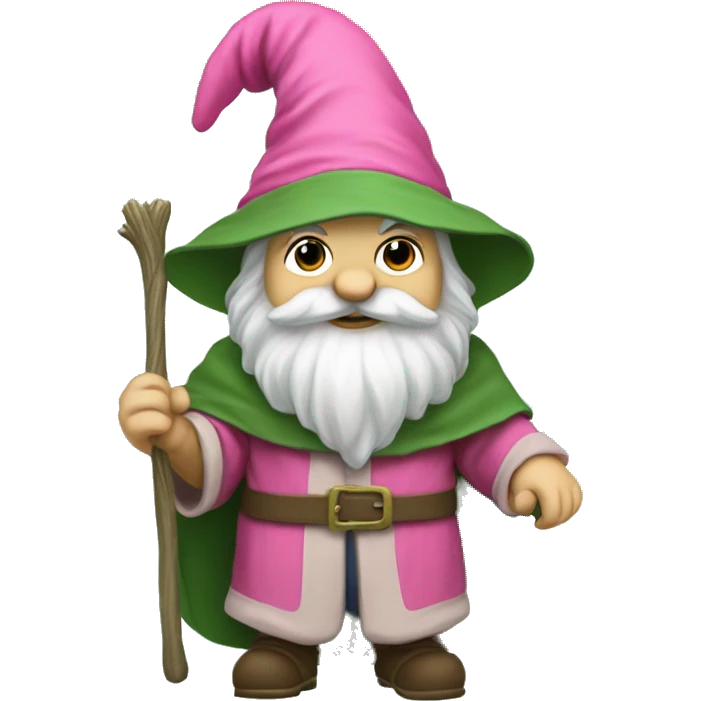 a gnome in a green cloak, a sage's hat and a pink net in his hand. emoji