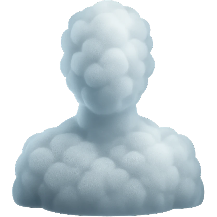 matte glass style, person shoulders up, front view, made entirely of white fluffy clouds emoji