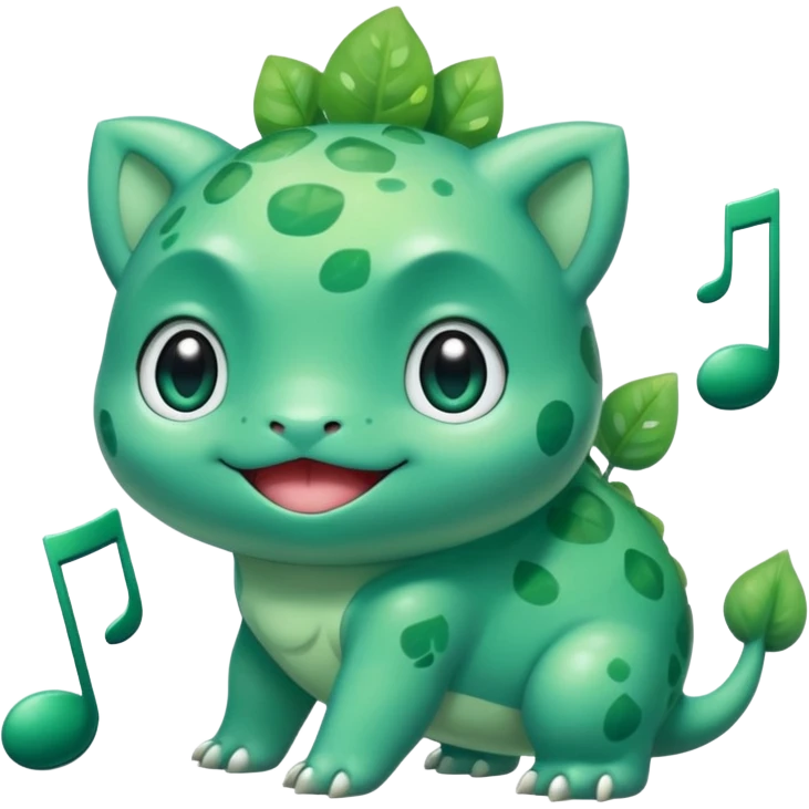 cute Bulbasaur Pokémon in Rednote app emoji style, shiny rounded face, big glossy eyes, green and teal palette, musical note symbol emoji