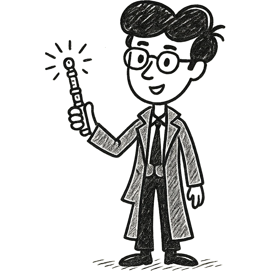 Add a sonic screwdriver to the Tenth Doctor in the style of a hand-drawn doodle illustration, keeping the original doodle style look and feel. emoji