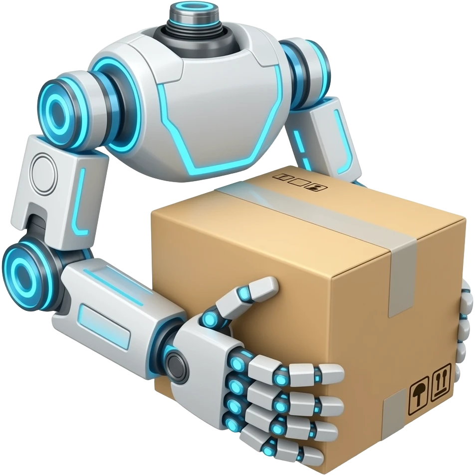 Icon of a modern robotic arm with glowing blue joints holding a logistics box, industrial automation concept, robotics, flat vector design, clean edges, tech background. emoji