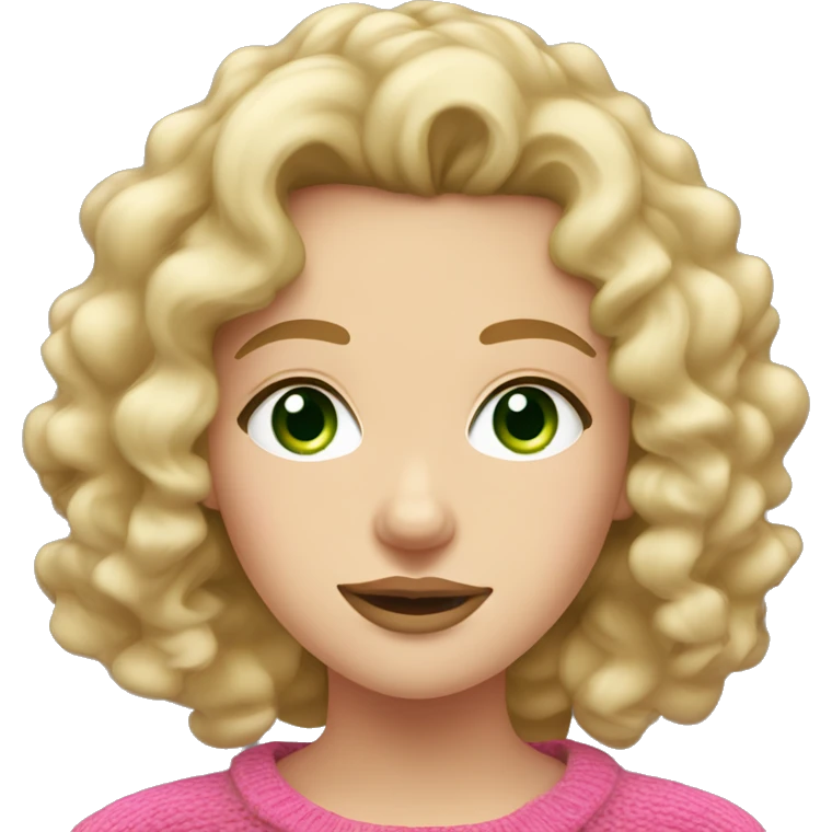Caucasian brunette girl with curly hair and green eyes and a pink sweater blonde hair and big lips  emoji
