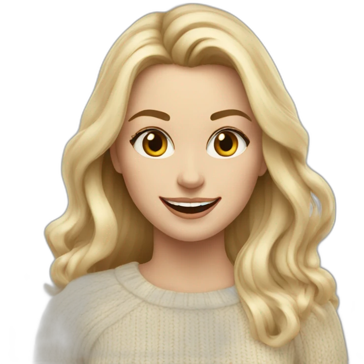 White women, long blonde balayage hair, evil smile, beige sweater emoji