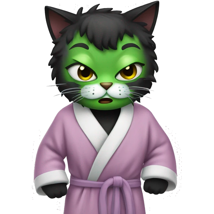 Angry Black cat wearing bathrobe with green face mask and hair in curlers  emoji