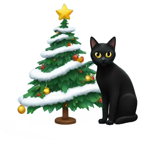 Black cat next to a white Christmas tree emoji