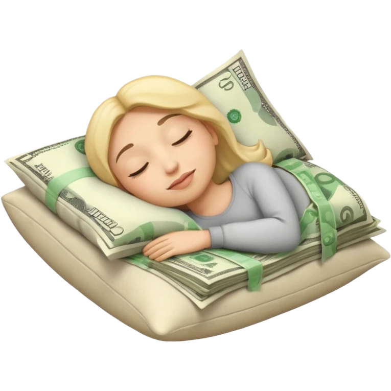 IOS style emoji of a face sleeping on a pillow of money emoji