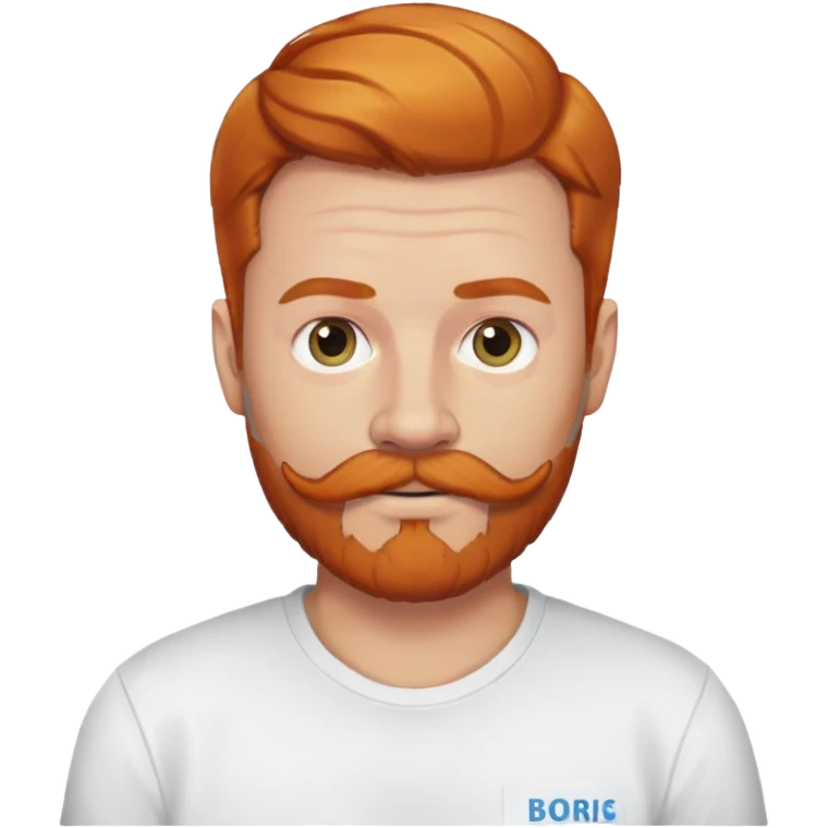 man with ginger hair and mustache and beard wearing a shirt that says “Boris” emoji