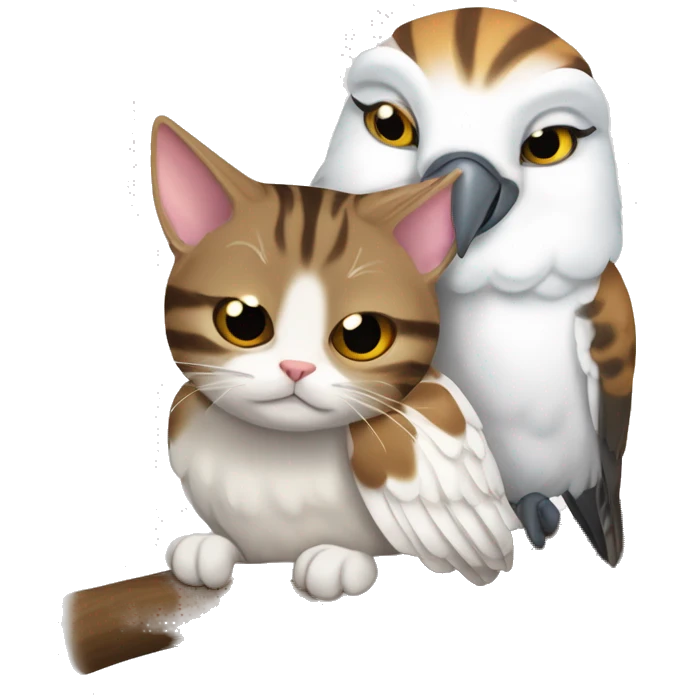 Brown tabby cat and whit cockatoo bird curled up together having a nap. emoji