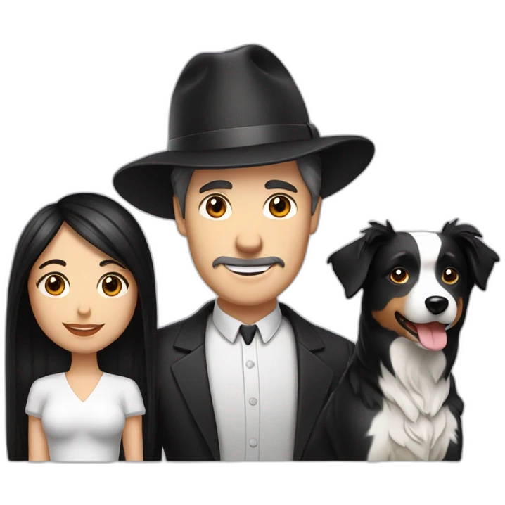white family group consisting of man in hat and woman with black ponytail long hair and small black border collie dog emoji