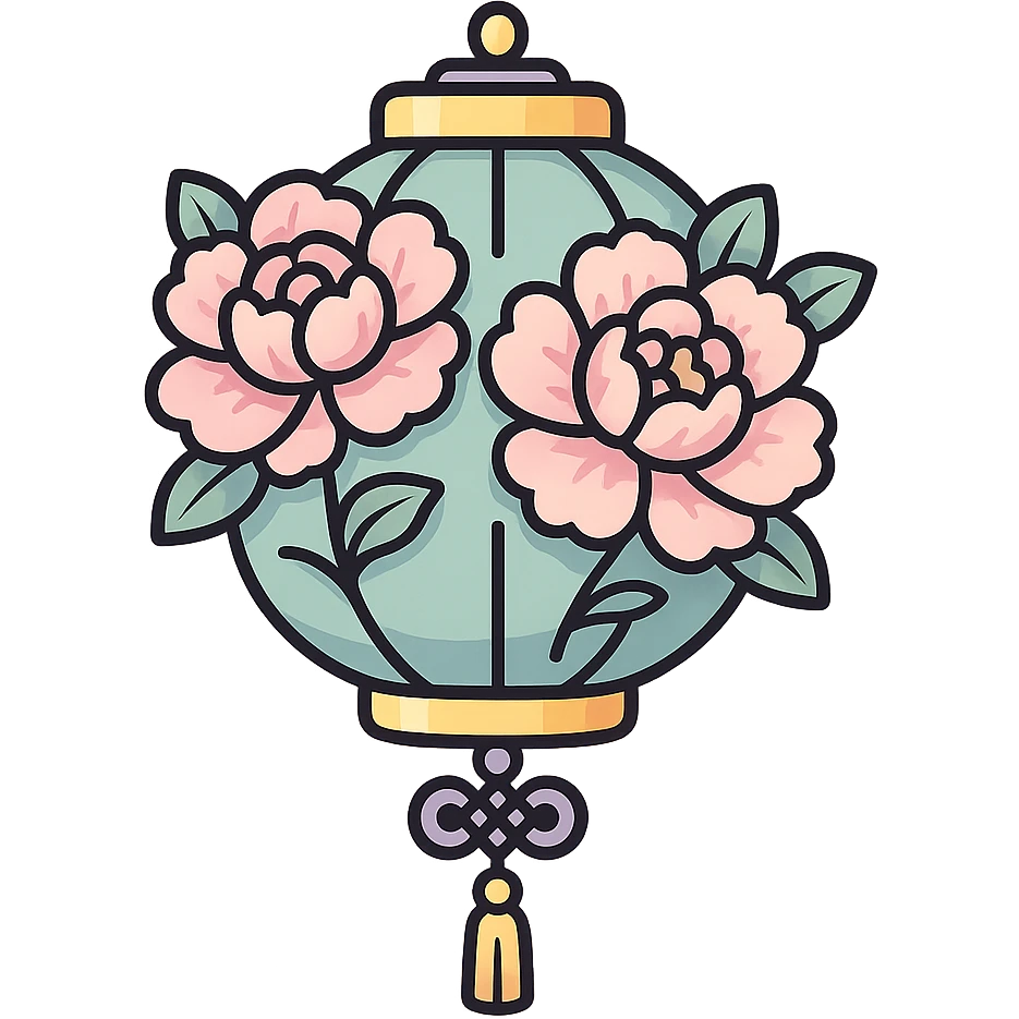 elegant Chinese lantern with peony flowers and decorative elements, detailed shadows and highlights, thin clean outlines, soft rounded shapes, pastel palette #98B5BC, #B5B3C1, #C9A3C9, #E4C0CA, #F7DCD1, #F7C0AA, modern Japanese pop-art and sticker aesthetic, high detail, vector sharpness, soft lighting, transparent background emoji