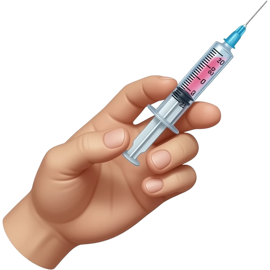 A dainty male hand holding a syringe with glowing neon-red-blue liquid inside emoji