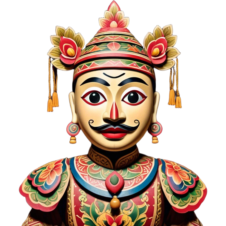 Golek Ayun-ayun – Cinematic Realistic Wayang Golek Ayun-ayun, depicted as an intricately carved traditional wooden puppet with vibrant painted details and expressive features, set on a dimly lit stage with dramatic shadows that evoke centuries of Indonesian theatrical heritage, rendered with lifelike textures and subtle ambient glow. emoji