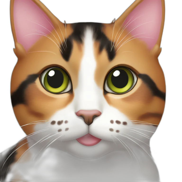 young striped calico cat face with a pink nose, white chin, green eyes, and orange/brown markings emoji