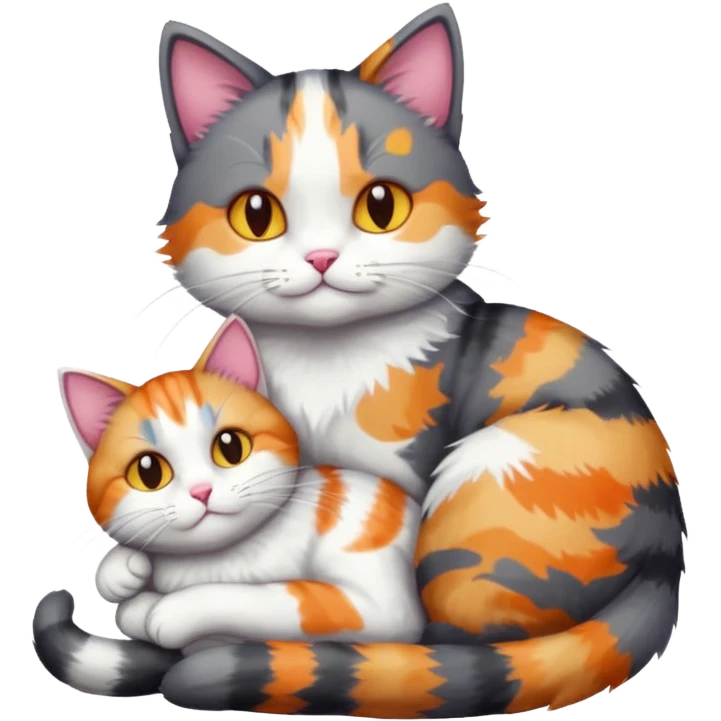 full body dark grey and white cat cuddling a colourful light patched calico + white tabby cat  emoji