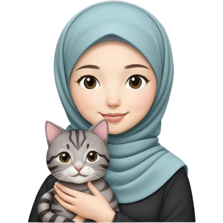 Asian White girl wearing cute hijab holding a black grey tabby cat while smiling.  emoji